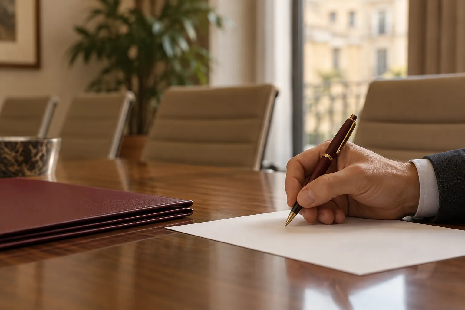 Mano che compila un foglio senza testo leggibile prima di una riunione