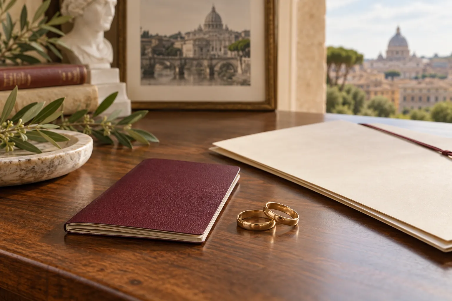 Fedi matrimoniali e fascicolo personale senza dati identificativi su una scrivania